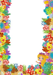 cartoon scene with coral reef and happy fishes swimming near mermaid princess isolated illustration for children
