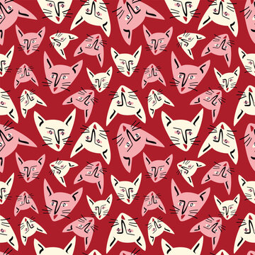 Pattern with kitty with a lovely face. Freaky comic cat face