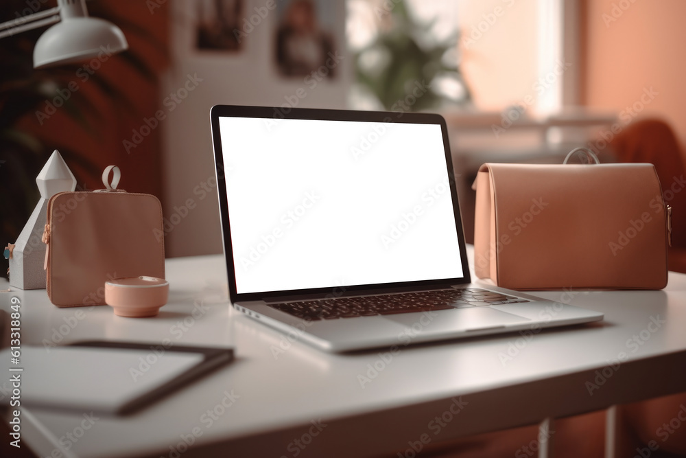 Aufkleber mockup of a white computer laptop on a desk. screen makes it easy to add your own content or showcas