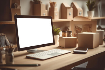 mockup of a white computer monitor on a desk. screen makes it easy to add your own content or showcase digital designs, making it ideal for technology blogs, e-commerce sites. Generative AI Technology