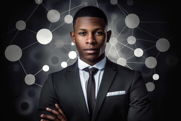 Handsome young black man dressed in a classic business suit. He exudes confidence and professionalism, epitomizing success in the business world. Generative AI Technology.
