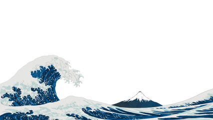 北斎の浮世絵風の波と富士山　背景なしのベクターイラストバナーテンプレート