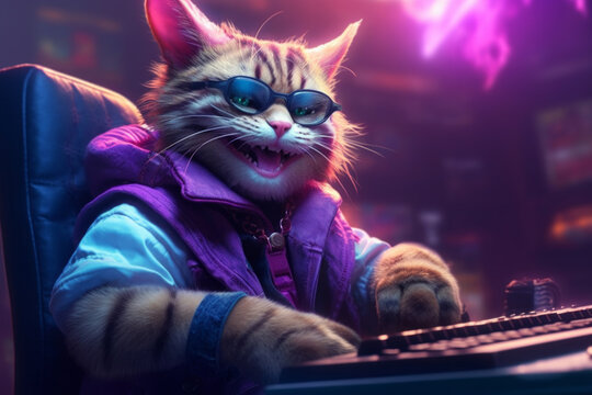 Cat acting as an esports player, sitting comfortably by the computer. Passion and excitement of the gaming world, while also showcasing the adorable feline protagonist. Generative AI Technology.
