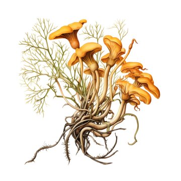 Detailed Botanical Illustration: Artfully Sketched Mushroom Species in Their Natural Forest Environment