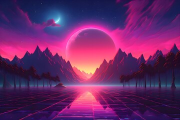 Beautiful mountain range landscape in a 80s Retrowave theme. Beautiful sunset. Amazing printable wallpaper