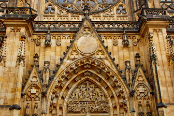 Prague. 05.10.019: The Metropolitan Cathedral of St. Vitus, Wenceslas and Adalbert is a Roman Catholic cathedral with spectacular medieval stained glass windows. Details of windows in the Gothic style