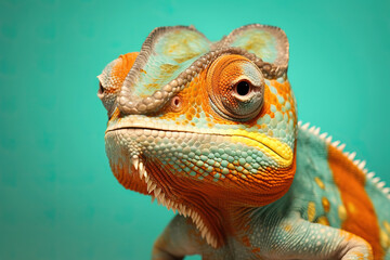 multi color chameleon portrait with a green background