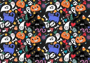 Cartoon Halloween seamless pumpkins and skulls and ghost and cat pattern for wrapping paper and fabrics