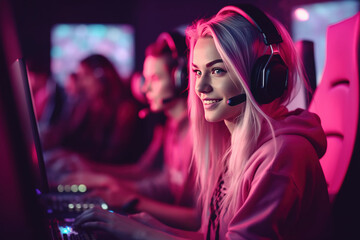 Beautiful blonde girl pro gamer wearing headphones smiling and playing computer games with her teammates during a cybersports tournament. Female game player on Esports competition. Generative AI - obrazy, fototapety, plakaty