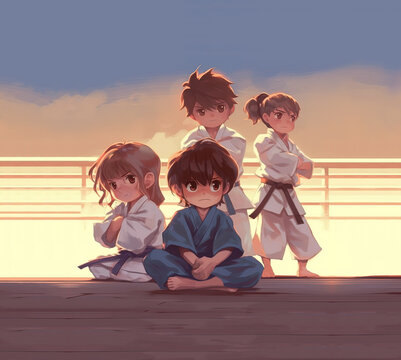 Four little karatekas are waiting for their turn on the tatami.