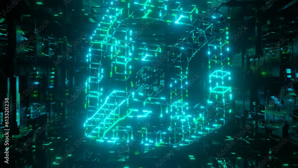 Poster 3d object or structure rotates and moves inside glass mirror tunnel with neon light, bright reflecti