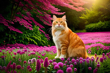 a cat exploring a garden, surrounded by blooming flowers and lush greenery, enjoying the beauty of nature