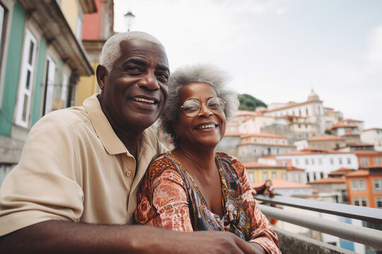 Afro-american senior couple travelling, copyspace. Generative AI