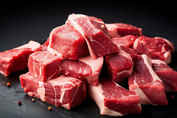 The concept of ketogenic diet, healthy lifestyle. Pieces of raw, marble, fresh red meat lie on the table on a black background. Cooking homemade food.