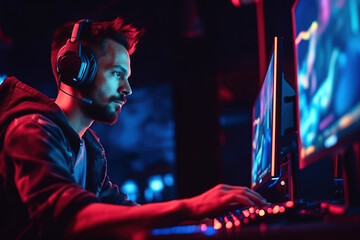 Pro gamer streamer wearing headset playing online video game in his neon lights game room. Cybersport, esports and live streaming. Generative AI