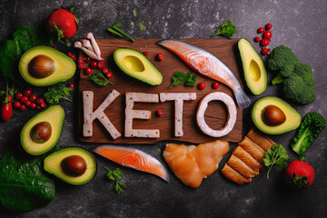 The concept of ketogenic diet, healthy lifestyle. A set of different, colorful, healthy products on the grey background. Top view of the word keto from letters.