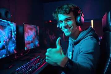 A young smiling guy game streamer gives the thumbs up to his viewers, subscribers before the game starts. Portrait of a joyful gamer in his neon color studio. Game streaming concept. Generative AI