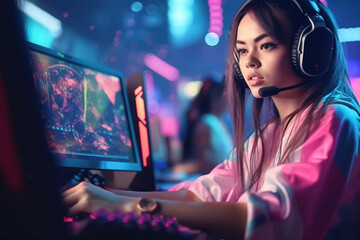 A pretty girl professional gamer wearing headphones is concentrating on playing a computer game during a cybersports tournament. A female gamer at a E-sports competition. Generative AI
