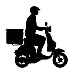 Plakat Vector illustration. Black silhouette of a courier on a scooter. Fast delivery.