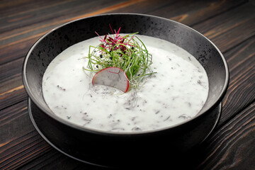 Okroshka on kefir with radishes and green onions in a black plate