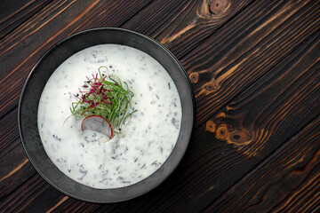 Okroshka on kefir with radishes and green onions in a black plate