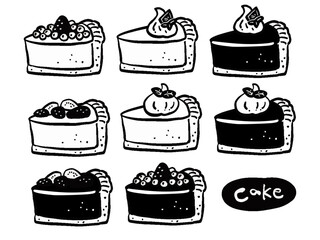 いろいろなタルトケーキの単色手描きマーク風イラストセット