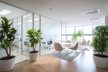 A spacious and modern office interior with plants and lots of light. Generative AI
