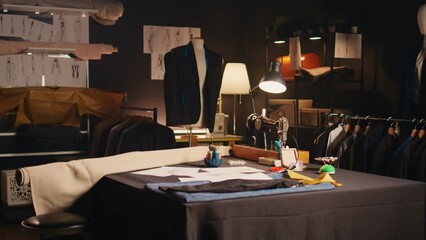 Fashion atelier with clothes sketches and tools, sewing machines and instruments used to create tailored items at workstation. Empty tailoring space with drawings and materials. Handheld shot.