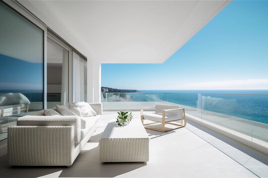 Luxury and modern apartment terrace by the sea and ocean. Generative AI