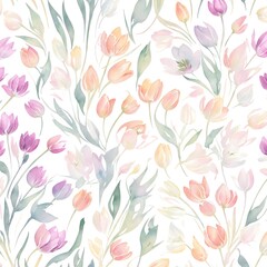 Fototapeta na wymiar Abstract floral art background with tulips. Botanical watercolor hand drawn flowers paint. Design illustration for wallpaper, banner, print, poster, cover, greeting and invitation card. Generative AI