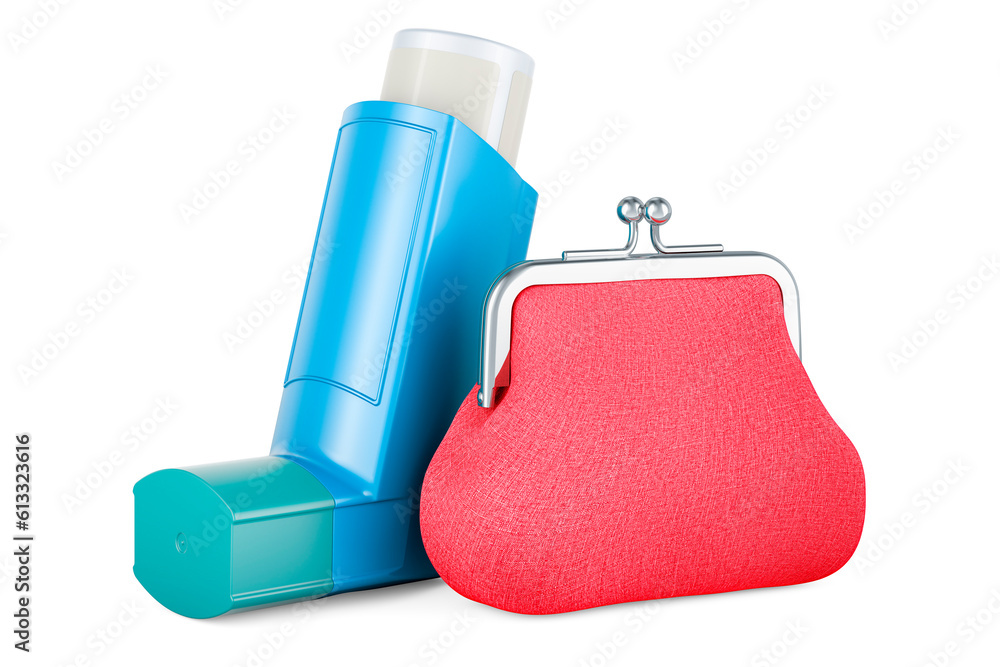 Poster metered-dose inhaler, mdi with coin purse. 3d rendering