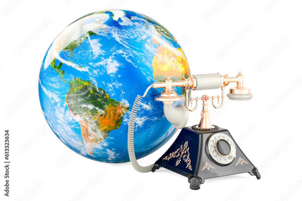 Poster old-fashioned phone with earth globe. 3d rendering