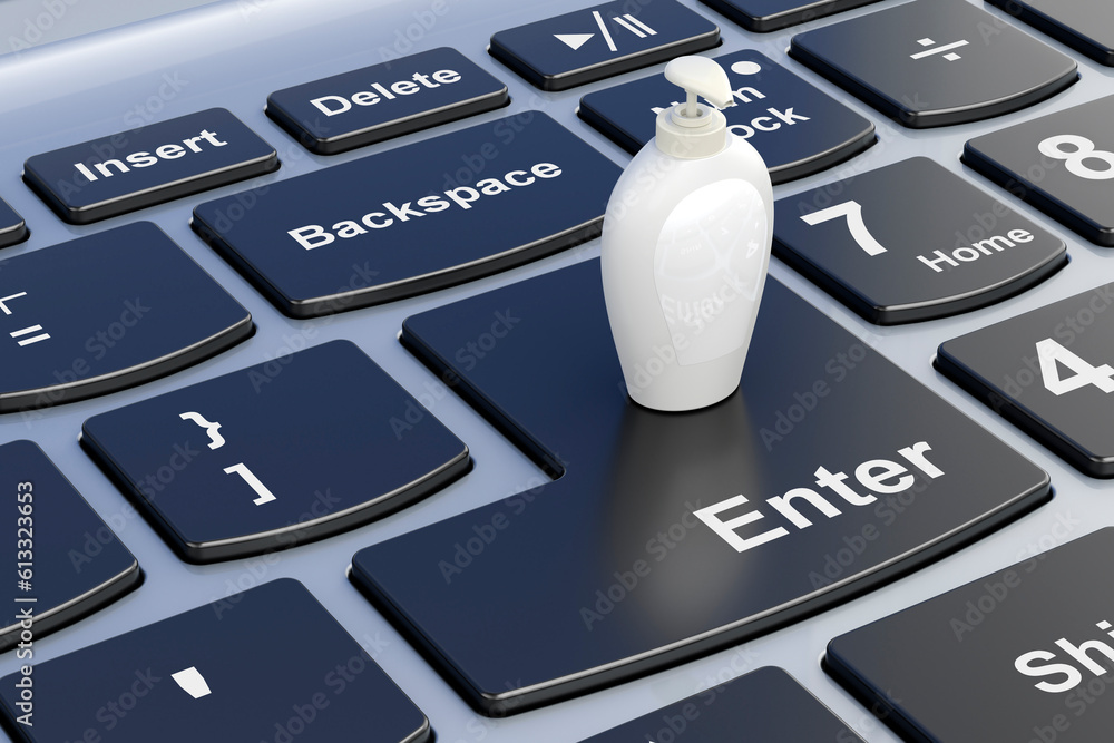 Poster soap bottle dispenser on laptop keyboard. 3d rendering