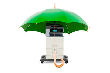 Office multifunction printer MFP under umbrella. 3D rendering