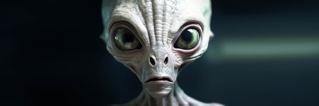 Alien Head,  Close-Up of an Alien's Enigmatic Big Eyes and Intriguing Head.