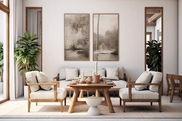 modern living room with wooden table and chairs and a gray sofa Generative AI
