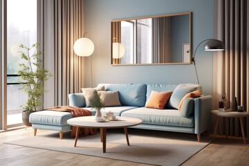 a living room with a light blue couch and wood table generative AI