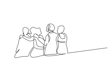 young female male people team teamwork students hugging walking outside posing happy line art