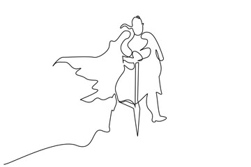 medieval warrior hero outdoor sword pose full body length line art