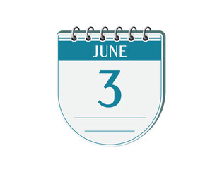3 june round calendar page vector. 3d one day calendar date appointment, deadline, event reminder illustration. Abstract three dimensional daily date calendar.
