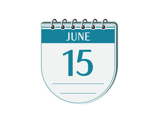 15 june round calendar page vector. 3d one day calendar date appointment, deadline, event reminder illustration. Abstract three dimensional daily date calendar. 