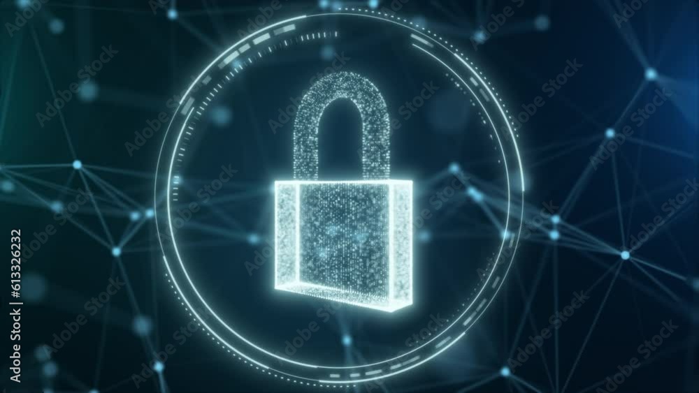 Poster security hologram virtual hud pin with shield and lock. concept of finance data privacy and smartpho
