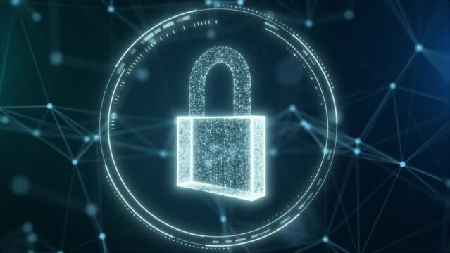 Security hologram virtual hud pin with shield and lock. Concept of finance data privacy and smartphone VPN service protection. Blockchain and secure crypto wallet background