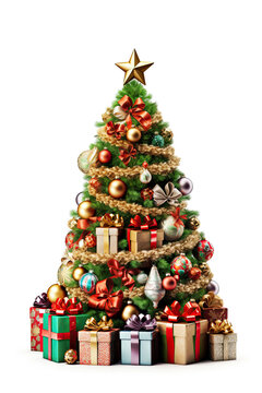 Christmas tree with colorful ornaments, golden decorations and gift boxes on white background