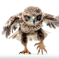 Fototapeta premium Adorable Cute Funny Baby Buzzard Animal Running Close Up Portrait Photo Illustration on White Background Nursery, Kid's, Children's room, pediatric office Digital Wall Print Art Nature Generative AI