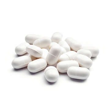 Assortment of white medicine pills isolated on white background.