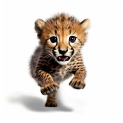 Obraz premium Adorable Cute Funny Baby Cheetah wild cat Running Close Up Portrait Photo Illustration on White Background Nursery, Kid's, Children's room, pediatric office Digital Wall Print Art Nature Generative AI