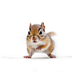 Obraz premium Adorable Cute Funny Baby Chipmunk Animal Running Close Up Portrait Photo Illustration on White Background Nursery, Kid's, Children's room, pediatric office Digital Wall Print Art Nature Generative AI