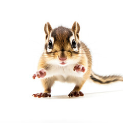 Obraz premium Adorable Cute Funny Baby Chipmunk Animal Running Close Up Portrait Photo Illustration on White Background Nursery, Kid's, Children's room, pediatric office Digital Wall Print Art Nature Generative AI