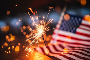 Sparkles with lights in soft focus and American flag on the background. July forth celebration. The Independence day backdrop. Abstract minimalistic wallpaper with space for text. 
